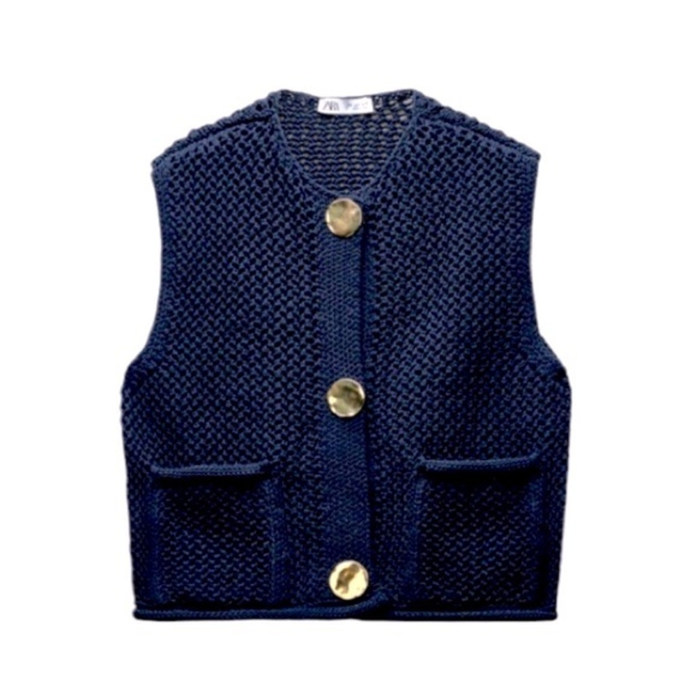 Zara Gold Button Knit Chunky Sweater Vest Navy Blue Pockets Size Large New w tag